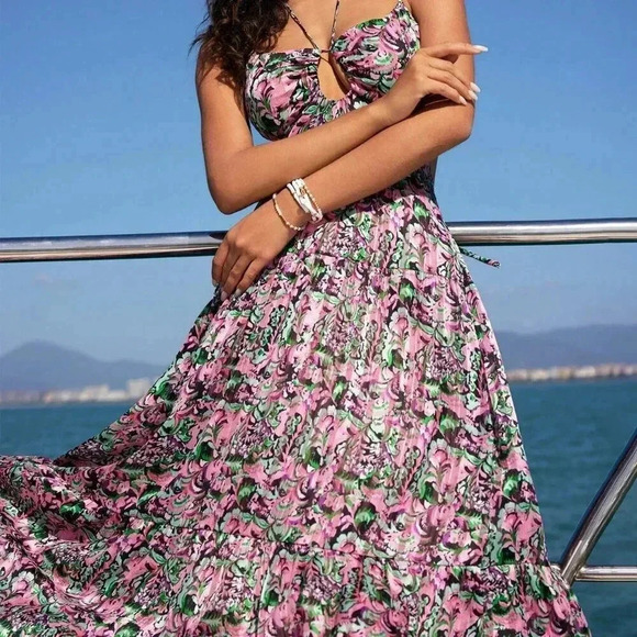 Multicolor Boho Women's Plant Pattern Print Backless Spaghetti Strap Dress - Picture 4 of 6